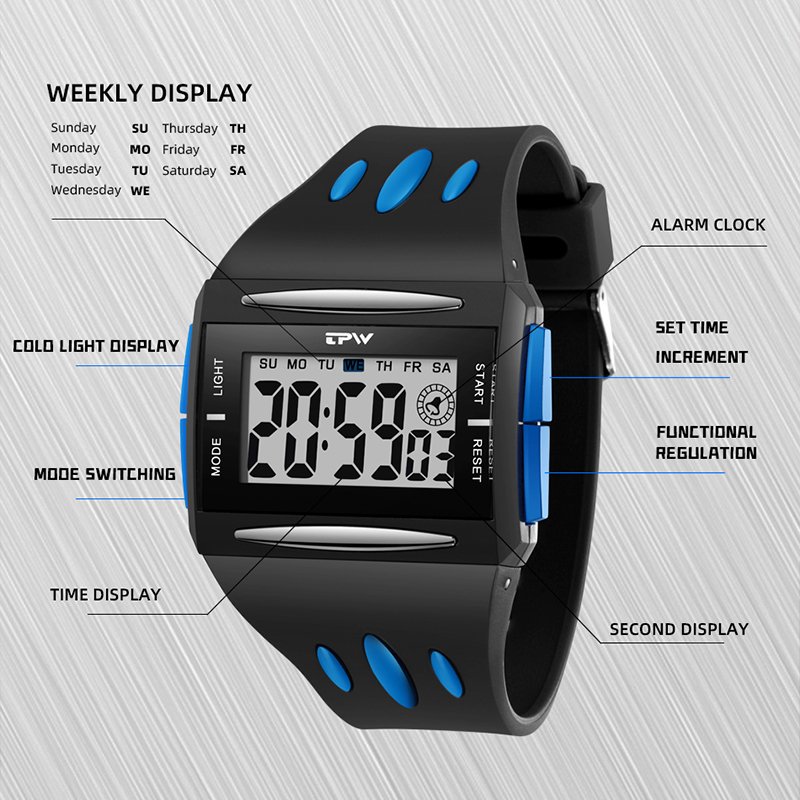 ساعة رقمية مضيئة إلكترونية جديدة أصلية من العلامة التجارية TPW للرجال مقاومة للماء ساعة رقمية